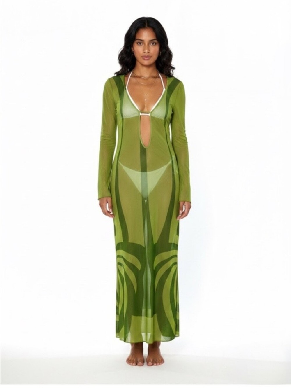 Caroline Constas Green Sheer Long-Sleeve Swim Cover-Up Maxi